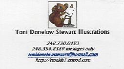 Toni Donelow Stewart Illustrations business card, 2002, featuring Painter Squirrel.